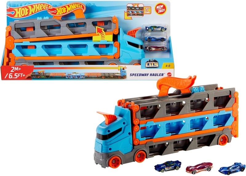 Hot Wheels Speedway Hauler Storage Carrier with 3 1:64 Scale Cars for Kids 4 to 8 Years Old - Image 1